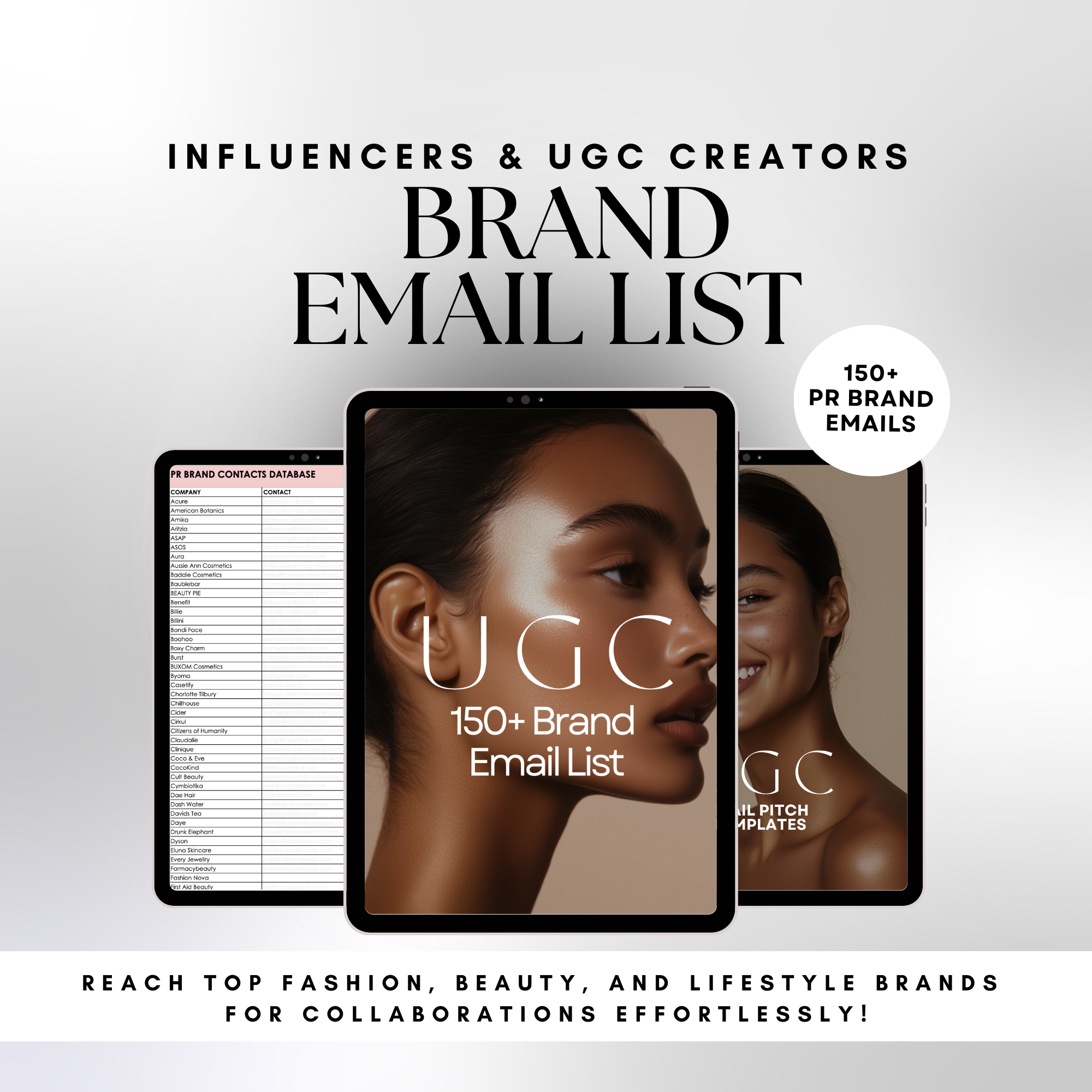 150+ brand email list to connect with top fashion, beauty, and lifestyle brands for collaboration opportunities.