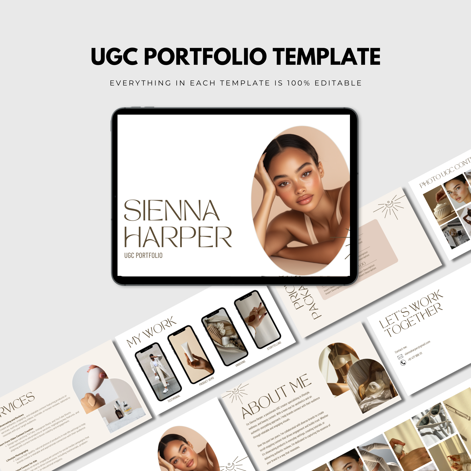 UGC Starter Kit for Beginners displayed on a tablet with editable portfolio templates, showcasing contracts, brand contacts, and guides.