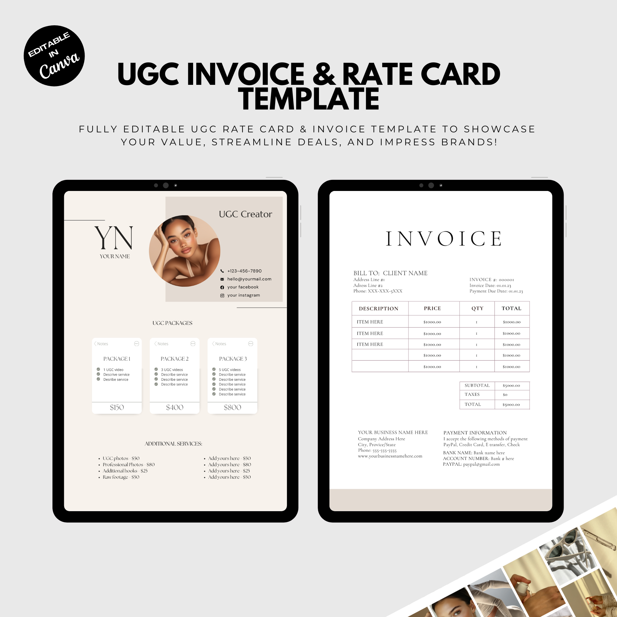 UGC Starter Kit featuring editable rate card and invoice templates displayed on tablets. Ideal for UGC creators to streamline deals.