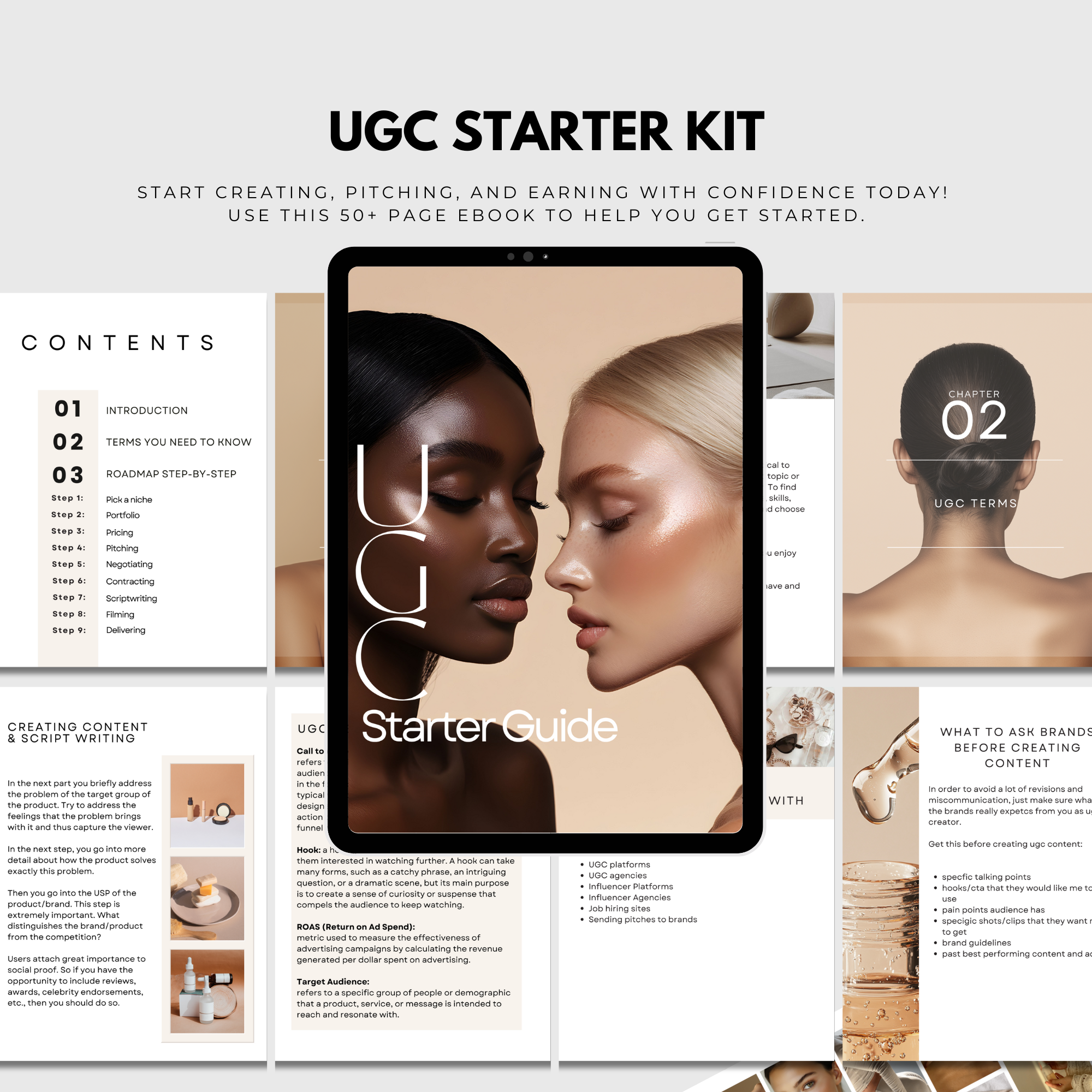 UGC Starter Kit for Beginners featuring a digital guide, contract templates, portfolio, and brand contacts. Includes a preview of the guide's pages with professional design and content for UGC creators.