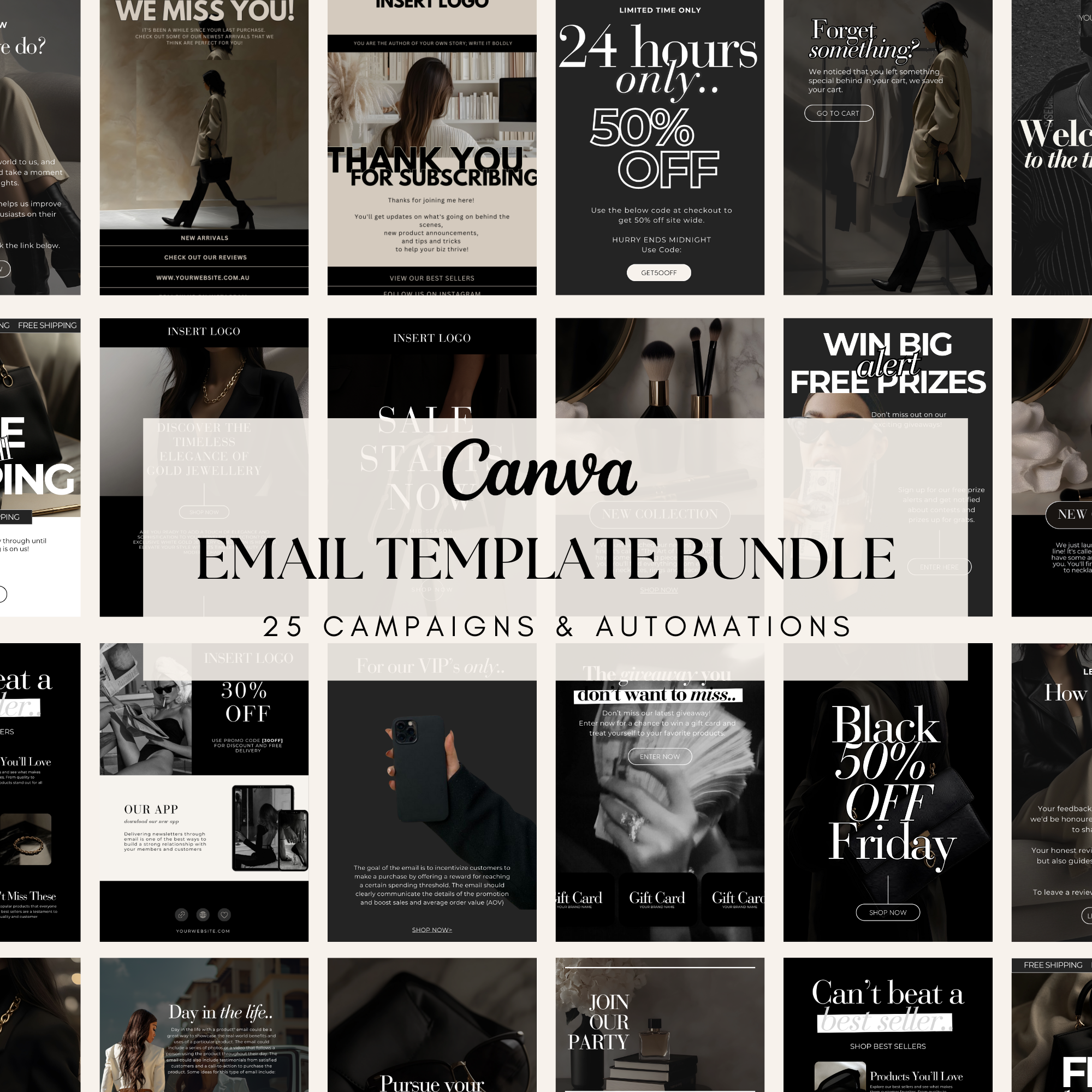 Canva email template bundle featuring 25 campaigns and automations. Perfect for creating engaging and professional email marketing content.