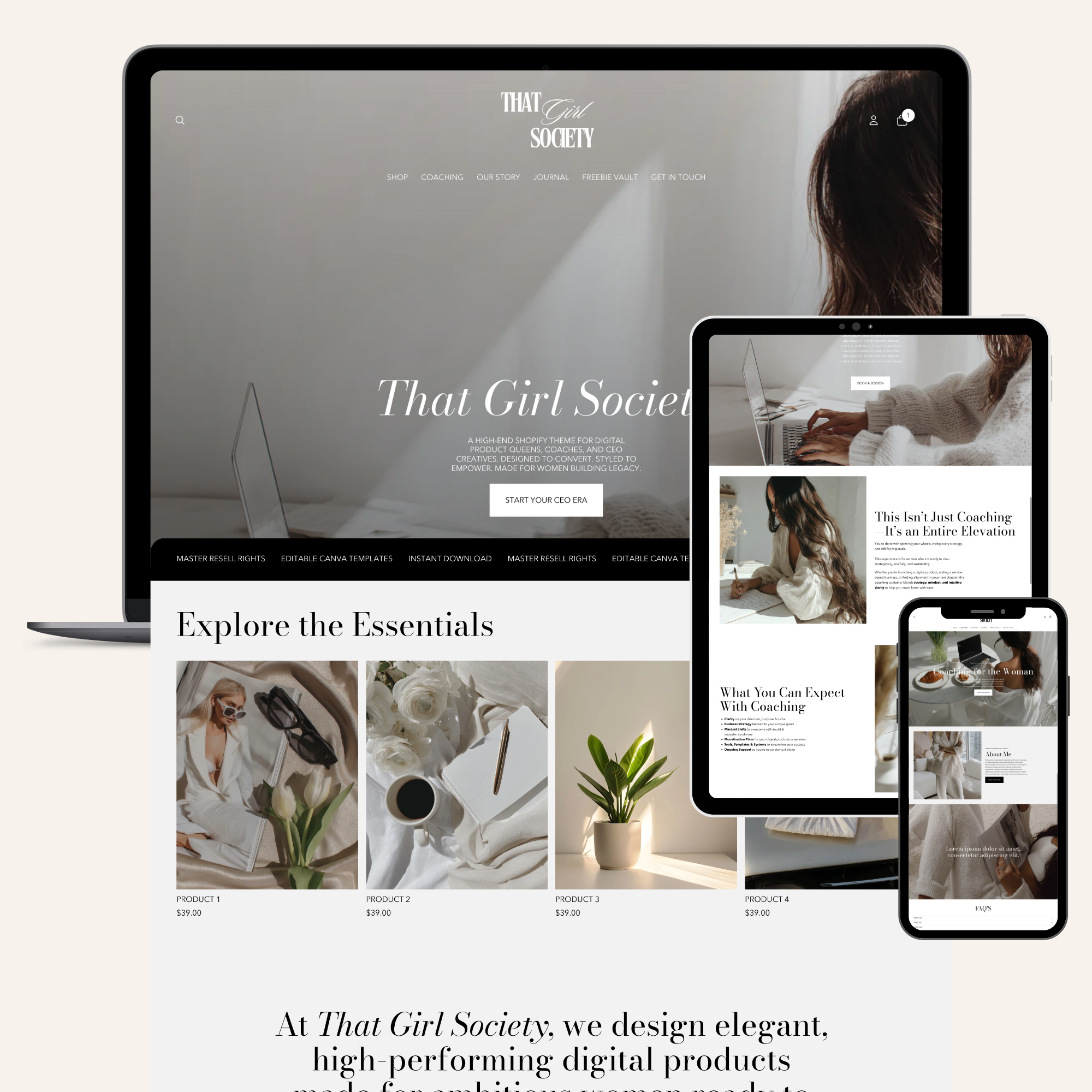 Laptop, tablet, and smartphone displaying 'That Girl Society' website on a white background