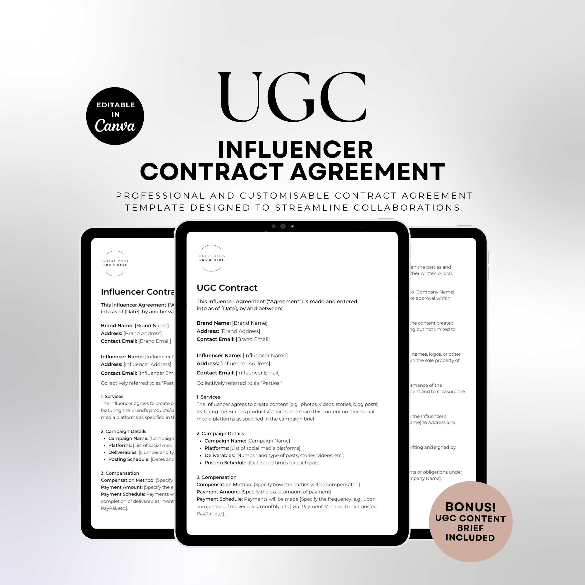 Editable Influencer & UGC Contract Template: A professional agreement designed in Canva, featuring essential clauses for terms and partnerships.