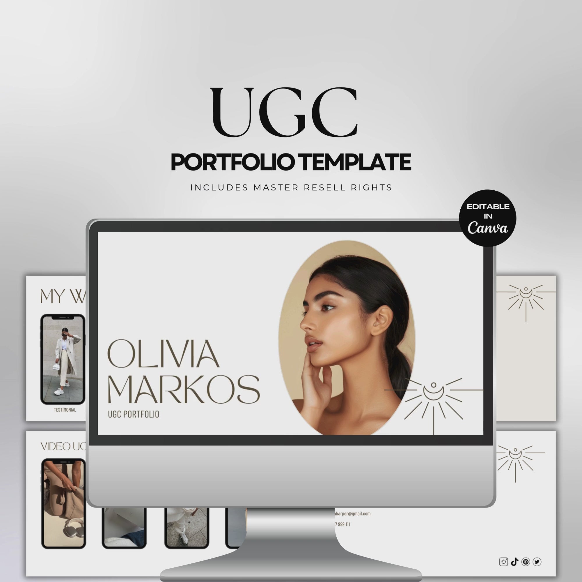 UGC Portfolio Template for Creators : Customisable Canva design with 9 pages highlighting about section, services, pricing, and work examples.