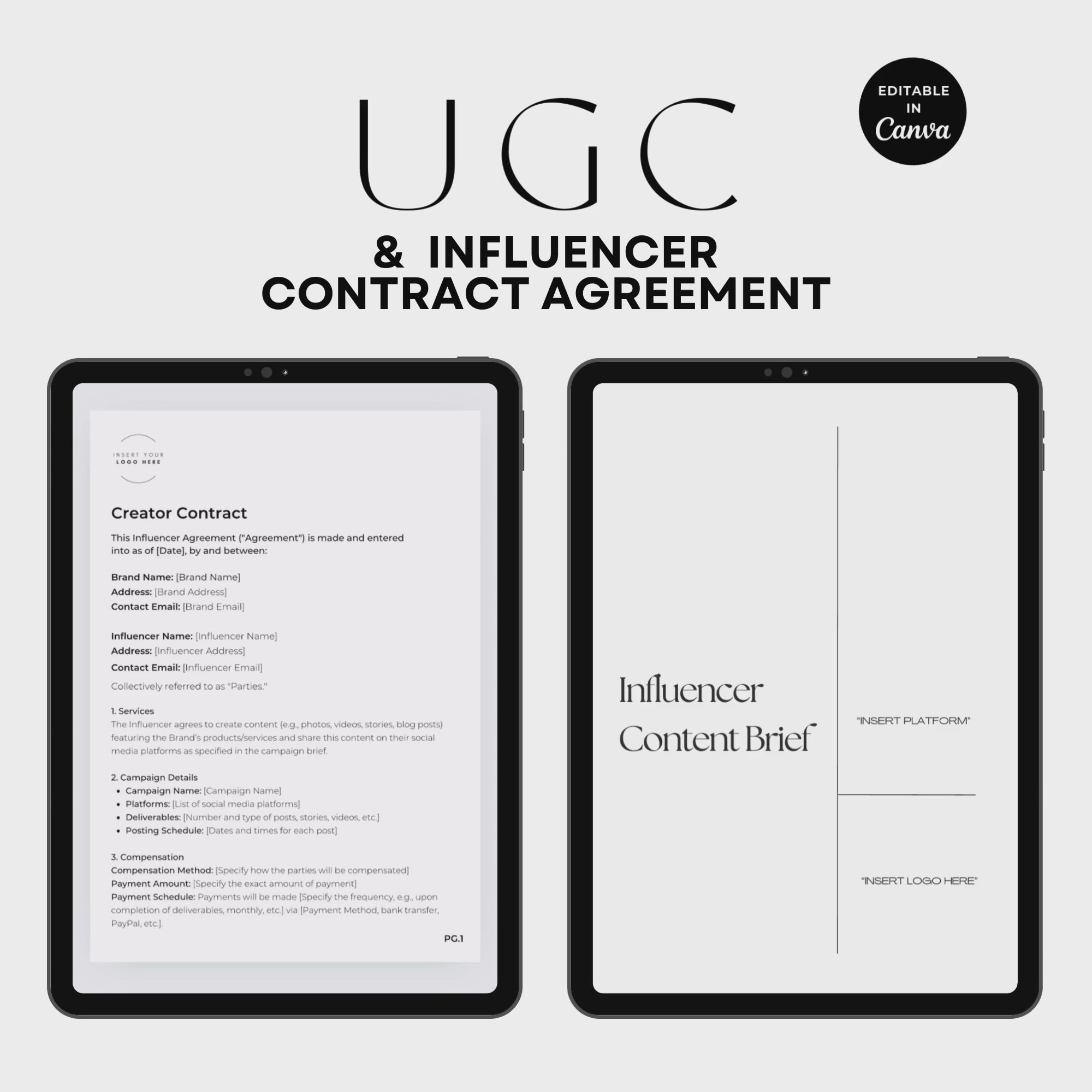 Influencer and UGC Agreement Template: Customisable in Canva, with vital terms and conditions for professional brand collaborations.